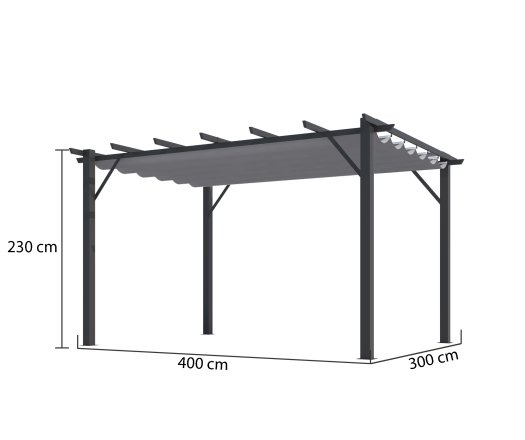 Pergola Bioclimatique, aluminium Gris anthracite Poteaux 10x10 cm, Toile couleur grise, 4.0 x 3.0 m, 12m²