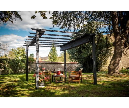 Pergola Bioclimatique, aluminium Gris anthracite Poteaux 10x10 cm, Toile couleur grise, 4.0 x 3.0 m, 12m²