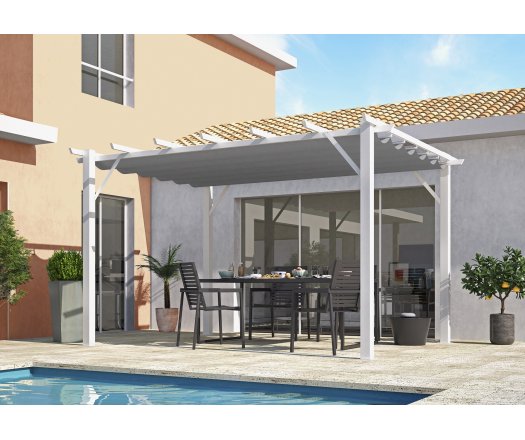 Pergola Bioclimatique, aluminium blanc Poteaux 10x10 cm, Toile couleur gris, 4.0 x 3.0 m, 12m²