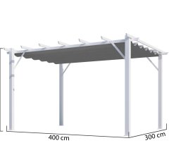 Pergola Bioclimatique, aluminium blanc Poteaux 10x10 cm, Toile couleur gris, 4.0 x 3.0 m, 12m²