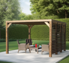 Pergola Thermauvent   avec ventelles mobiles sur le toit et un mur avec visserie inox, THT, 3.10 x 3.40m, 10.5m²