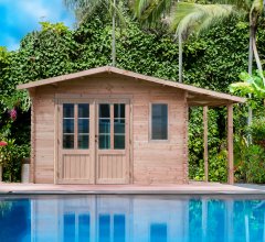 Abri Dhana avec bûcher, Douglas Madriers 28mm, 3.50 x 3.50m, 12.25m²