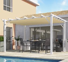 Pergola Bioclimatique, aluminium blanc Poteaux 10x10 cm, Toile couleur écru, 4.0 x 3.0 m, 12m²