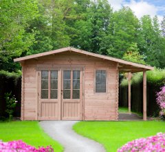 Abri Dhana avec bûcher, Douglas Madriers 28mm, 3.50 x 3.50m, 12.25m²