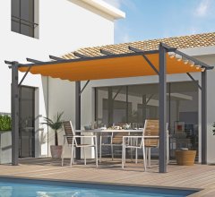 Pergola Bioclimatique, aluminium Gris anthracite Poteaux 10x10 cm, Toile couleur rouille, 4.0 x 3.0 m, 12m²