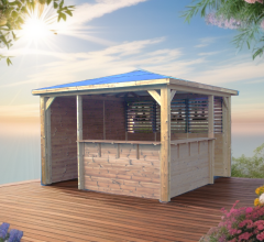 Pool House Blueterm 1 paroi avec mur plein / 1 paroi avec ventelles / 2 parois avec comptoir, THT Toit en panneaux ACP, 3.50 x 3.50 m, 12.25m²