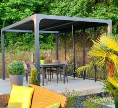 Pergola Bioclimatique avec ventelles et 5 panneaux moucharabieh, Aluminium gris anthracite, 3.60 x 3.00m, 10.80m²