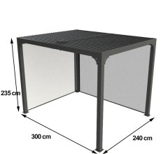 Pergola bioclimatique Aluminium  avec rideau manuel coloris gris pour côté 3 m et rideau manuel coloris gris pour côté 2,40 m, coloris gris anthracite, 2.40 x 3.00 m, 7.2m²