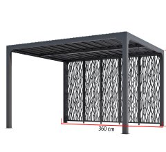 Pergola Bioclimatique avec ventelles et 5 panneaux moucharabieh, Aluminium gris anthracite, 3.60 x 3.00m, 10.80m²