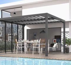 Pergola bioclimatique avec ventelles avec 4 panneaux moucharabieh coté 3m, Aluminium gris anthracite, 3.60 x 3.00m, 10.80m²