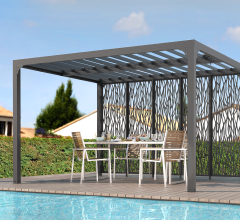 Pergola Bioclimatique avec ventelles et 5 panneaux moucharabieh, Aluminium gris anthracite, 3.60 x 3.00m, 10.80m²