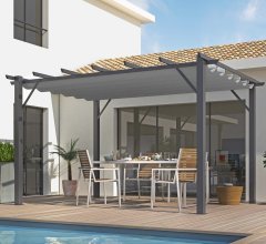 Pergola Bioclimatique, aluminium Gris anthracite Poteaux 10x10 cm, Toile couleur grise, 4.0 x 3.0 m, 12m²