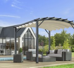 Pergola arche, structure mixte aluminium/acier coloris gris anthracite toile couleur écru, 3.40 x 3.30 m, 11.20m²