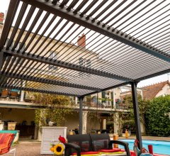 Pergola Bioclimatique avec ventelles, Aluminium gris anthracite, 3.60 x 6.00m, 21.60m²