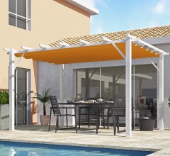 Pergola Bioclimatique, aluminium blanc Poteaux 10x10 cm, Toile couleur rouille, 4.0 x 3.0 m, 12m²