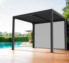 Pergola Bioclimatique avec ventelles avec rideau coté 3m, Aluminium gris anthracite, 2.40 x 3.00m, 7.20m²