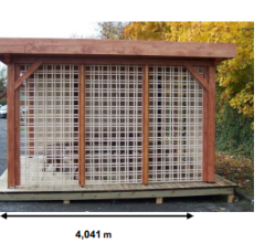 Auvent Ombra avec treillage en bois sur 1 côté, Sapin du nord couverture bac acier, 4.05 x 3.90 m, 15.80m²