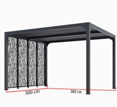 Pergola bioclimatique avec ventelles avec 4 panneaux moucharabieh coté 3m, Aluminium gris anthracite, 3.60 x 3.00m, 10.80m²