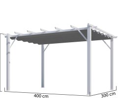 Pergola Bioclimatique, aluminium blanc Poteaux 10x10 cm, Toile couleur gris, 4.0 x 3.0 m, 12m²