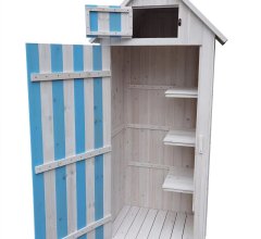 Armoire cabine de rangement équipée de 3 étagères, Bois lasurée couleur bleue et blanche, 0.52 x 0.54 m, 0.28m²