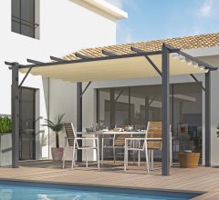 Pergola Bioclimatique, aluminium Gris anthracite Poteaux 10x10 cm, Toile couleur écru, 4.0 x 3.0 m, 12m²