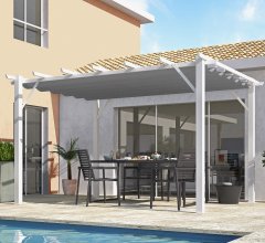 Pergola Bioclimatique, aluminium blanc Poteaux 10x10 cm, Toile couleur gris, 4.0 x 3.0 m, 12m²