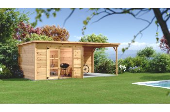 Abri Poolhouse Bahia avec bucher, Epicéa Madriers 28mm, 6.20 x 3.20m, 19.80m²