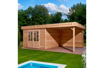 Abri Dhana avec bûcher, Douglas Madriers 28mm, 5.75 x 3.00m, 17.25m²