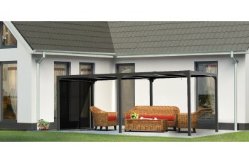 Pergola bioclimatique avec rideau manuel coloris gris pour côté 3,60 m, Aluminium gris anthracite, 3.60 x 6.00 m, 21.5m²