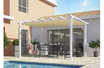 Pergola Bioclimatique, aluminium blanc Poteaux 10x10 cm, Toile couleur écru, 4.0 x 3.0 m, 12m²