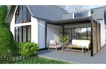 Pergola bioclimatique livrée avec des ventelles latérales aluminium mobiles imitation bois pour côté 3 m, Aluminium gris anthracite, 3.60 x 3.00 m, 10.80m²