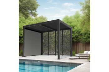 Pergola bioclimatique Aluminium avec 4 panneaux moucharabieh coloris gris pour côté 3 m et rideau manuel coloris gris pour côté 2,40 m, 2.40 x 3.00m, 7.20m²