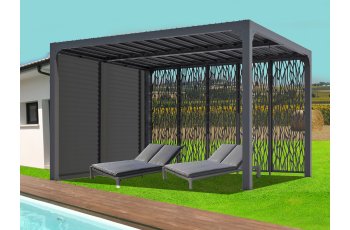 Pergola bioclimatique avec 5 panneaux moucharabieh coloris gris pour côté 3,60 m, Aluminium gris anthracite, 3.60 x 3.00 m, 10.80m²