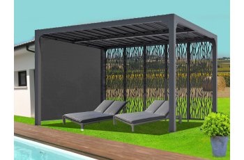 Pergola bioclimatique  avec panneaux moucharabieh coloris gris pour côté 3,60 m et rideau manuel coloris gris pour côté 3 m, Aluminium gris anthracite, 3.60 x 3.00 m, 10.80m²