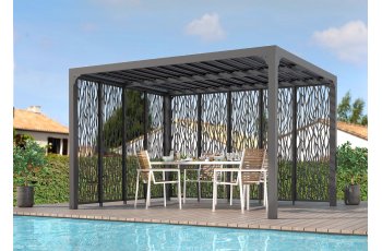 Pergola bioclimatique avec panneaux moucharabieh coloris gris pour côté 3 m + côté 3,60 m, Aluminium  gris anthracite, 3.60 x 3.00 m, 10.80m²