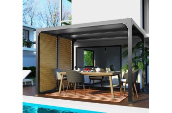 Pergola Bioclimatique avec ventelles imitation bois pour coté 3m, Aluminium gris anthracite, 2.40 x 3.00m, 7.20m²