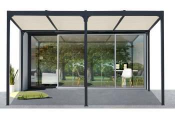 Pergola bioclimatique avec ventelles écru, Aluminium gris anthracite, 3.60 x 6.00 m, 21.5m²