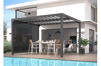 Pergola Bioclimatique avec ventelles et rideau manuel coloris gris pour coté 3m, Aluminium gris anthracite, 3.60 x 3.00m, 10.80m²