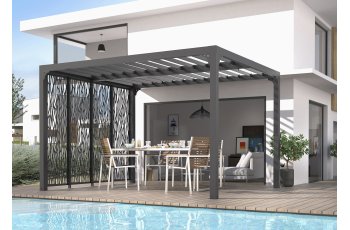 Pergola bioclimatique avec ventelles avec 4 panneaux moucharabieh coté 3m, Aluminium gris anthracite, 3.60 x 3.00m, 10.80m²