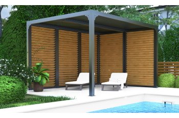 Pergola Bioclimatique avec ventelles aluminium imitation bois coté 3.60 x 3.00 m, Aluminium gris anthracite, 3.60 x 3.00m, 10.80m²