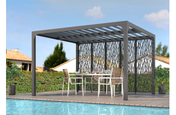 Pergola Bioclimatique avec ventelles et 5 panneaux moucharabieh, Aluminium gris anthracite, 3.60 x 3.00m, 10.80m²