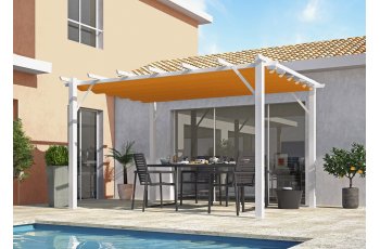 Pergola Bioclimatique, aluminium blanc Poteaux 10x10 cm, Toile couleur rouille, 4.0 x 3.0 m, 12m²