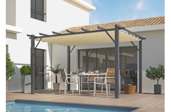 Pergola Bioclimatique, aluminium Gris anthracite Poteaux 10x10 cm, Toile couleur écru, 4.0 x 3.0 m, 12m²