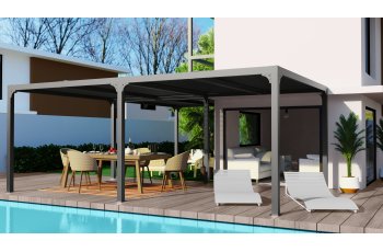 Pergola bioclimatique en "L" avec ventelles sur le toit, Aluminium gris anthracite, 7.10 x 6.00 x 3.60 x 3.00 x 3.60 x 3.00 m, 32.6m²