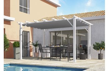 Pergola Bioclimatique, aluminium blanc Poteaux 10x10 cm, Toile couleur gris, 4.0 x 3.0 m, 12m²